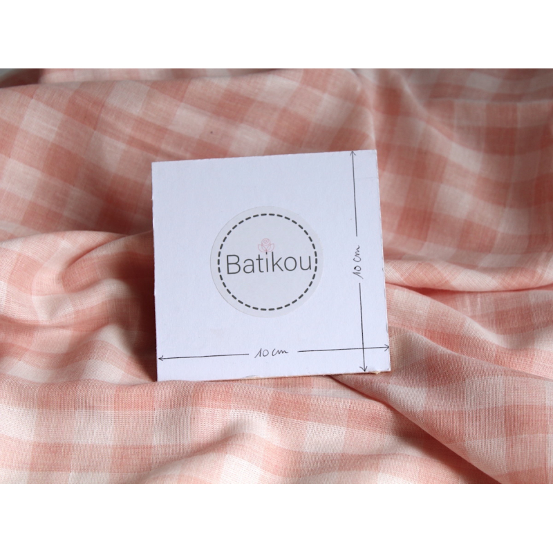 Double gaze de coton lisse vichy rose corail / blanc