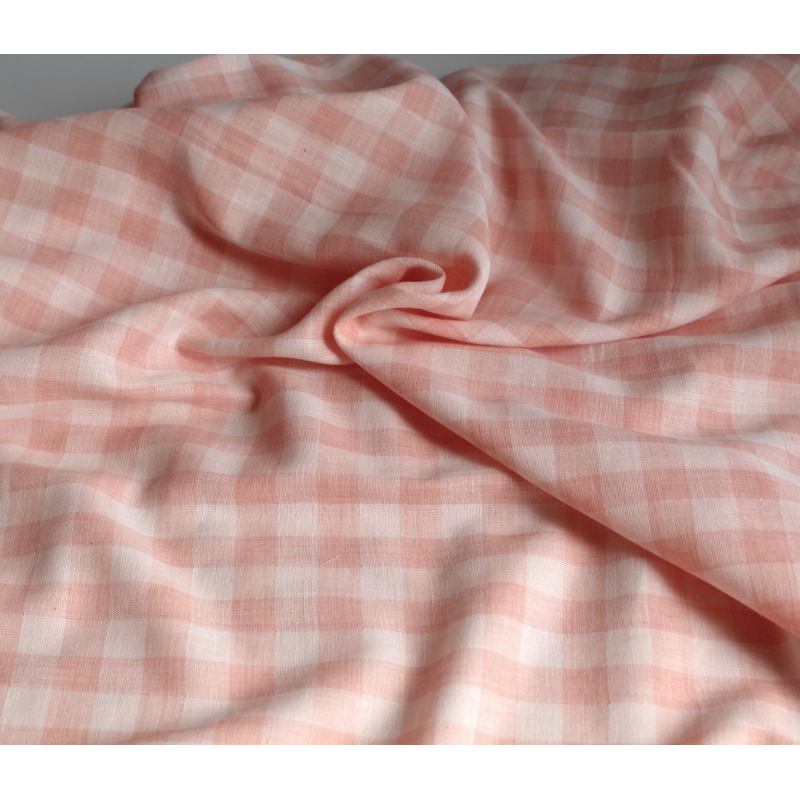 Double gaze de coton lisse vichy rose corail / blanc