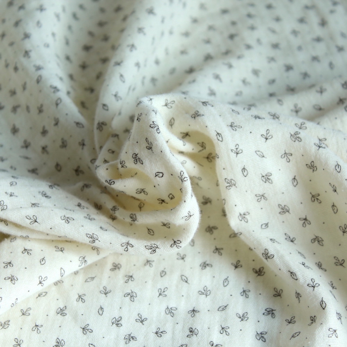 Double gaze de coton BIO écru motifs feuilles