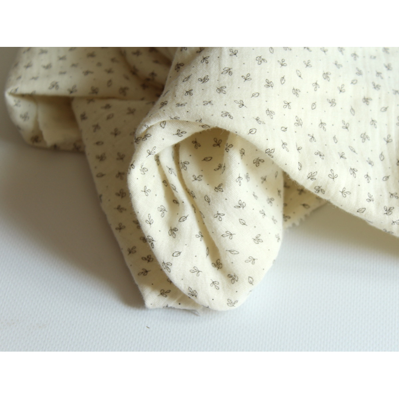 Double gaze de coton BIO écru motifs feuilles