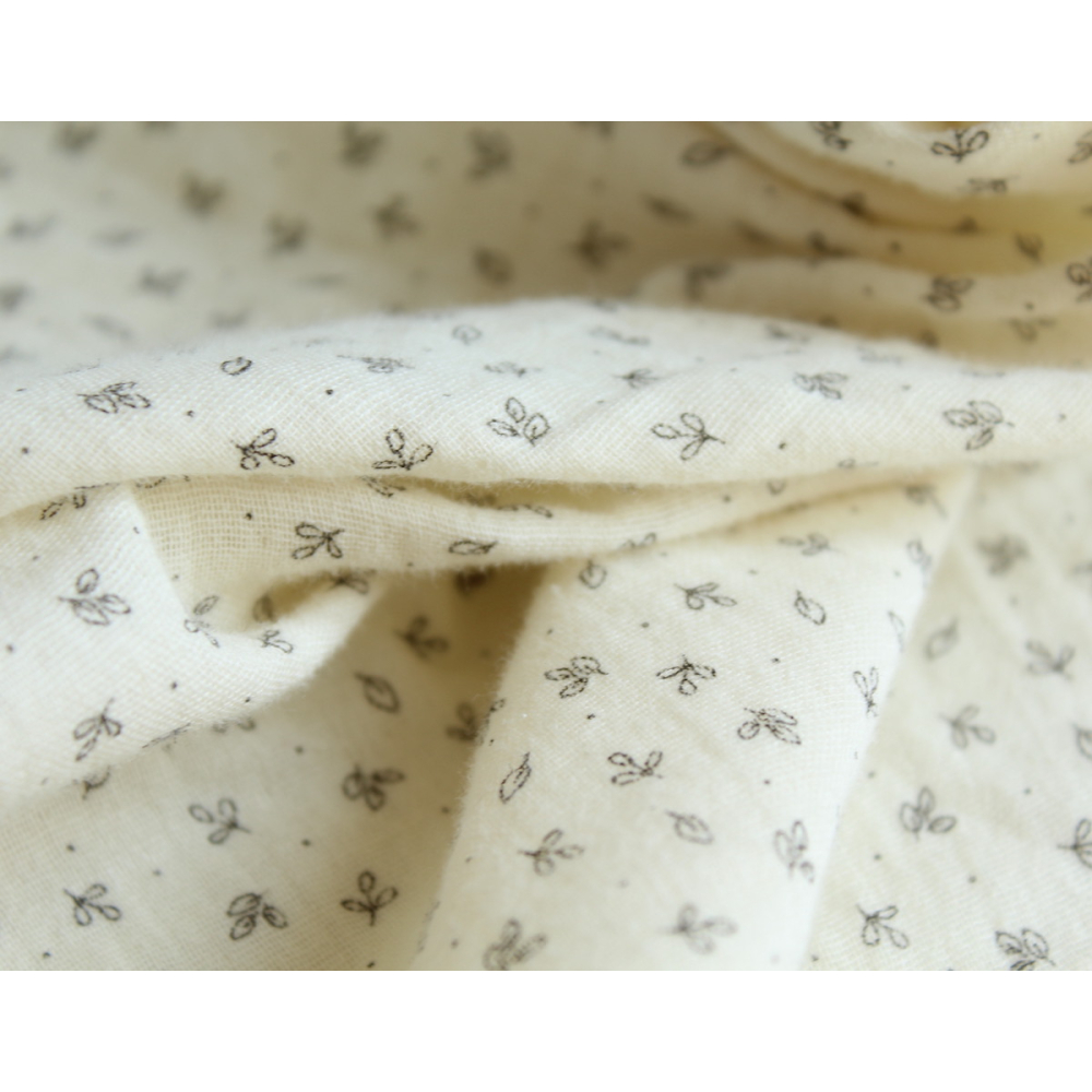 Double gaze de coton BIO écru motifs feuilles