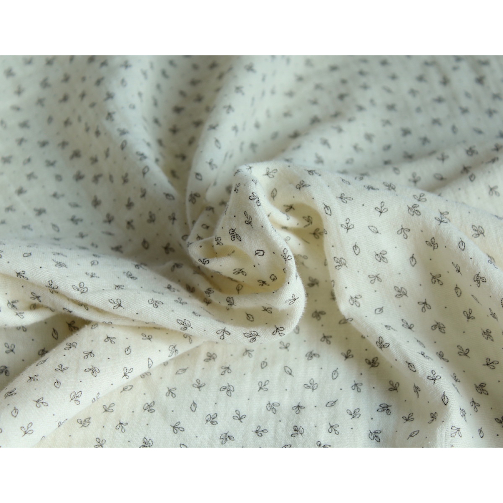 Double gaze de coton BIO écru motifs feuilles
