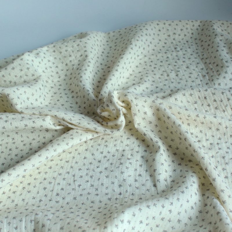 Double gaze de coton BIO écru motifs feuilles