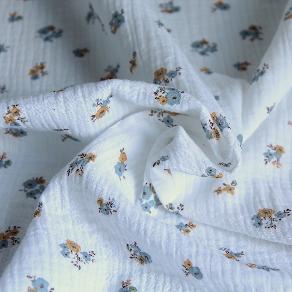 Double gaze de coton Hope blanc motifs fleuris