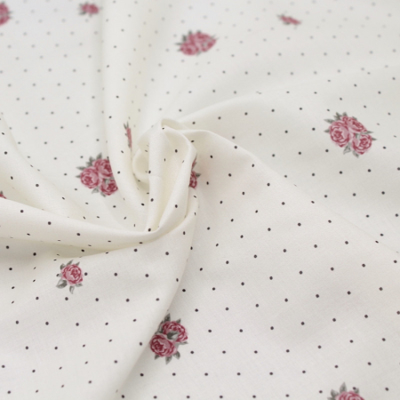 Batiste de coton BIO imprimé exclusif Rose and dots / SILKYNE Batiste de coton BIO imprimé exclusif Rose and dots / SILKYNE