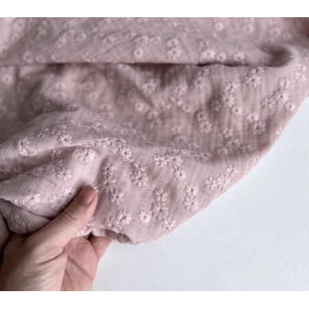 Double gaze de coton Esmée brodée coloris rose pétale Qualité Oeko-tex - 2