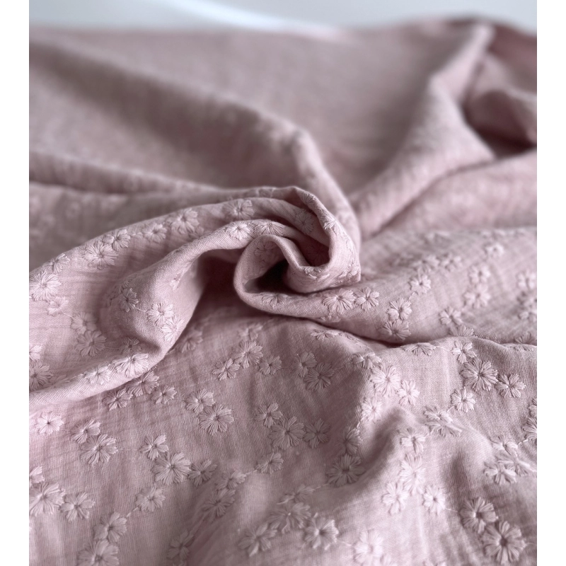 Double gaze de coton Esmée brodée coloris rose pétale Qualité Oeko-tex - 3