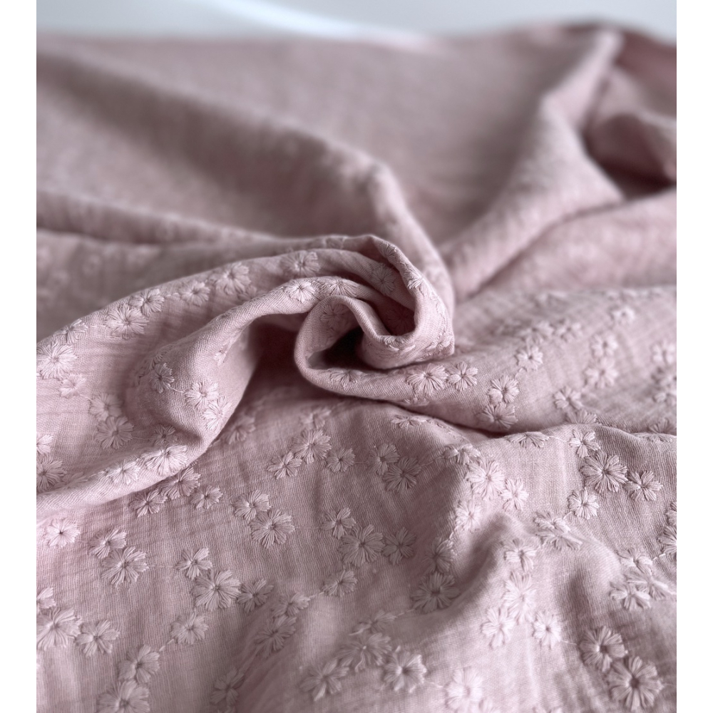 Double gaze de coton Esmée brodée coloris rose pétale Qualité Oeko-tex - 3