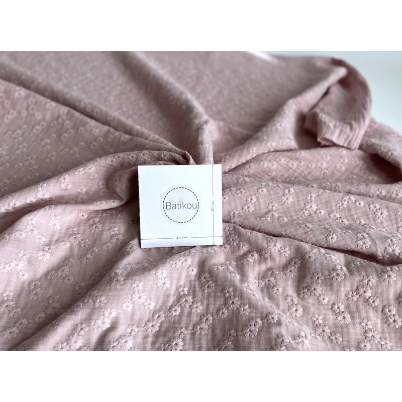 Double gaze de coton Esmée brodée coloris rose pétale Qualité Oeko-tex - 5