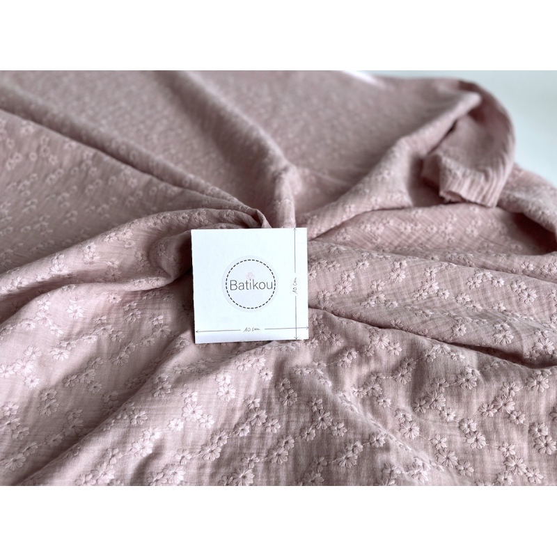 Double gaze de coton Esmée brodée coloris rose pétale Qualité Oeko-tex - 5