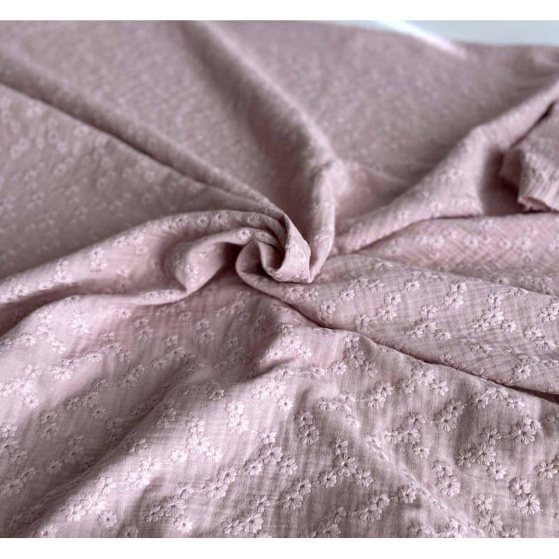Double gaze de coton Esmée brodée coloris rose pétale Qualité Oeko-tex - 7