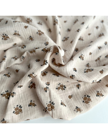 ROZEN - Double gaze de coton BIO crème motif exclusif Rozen forêt Tissus issus de l'agriculture biologique  - 1