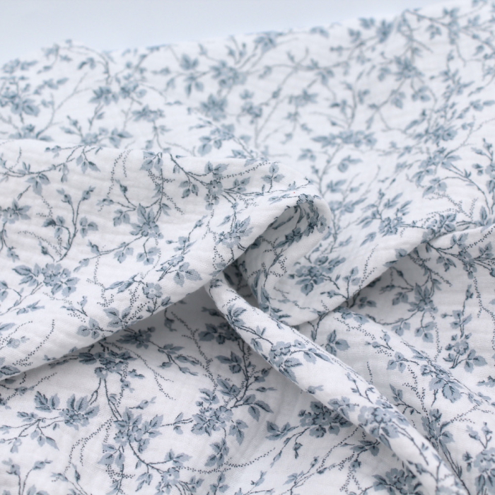 Adele - Double gaze de coton BIO motif fleuri bleu brume