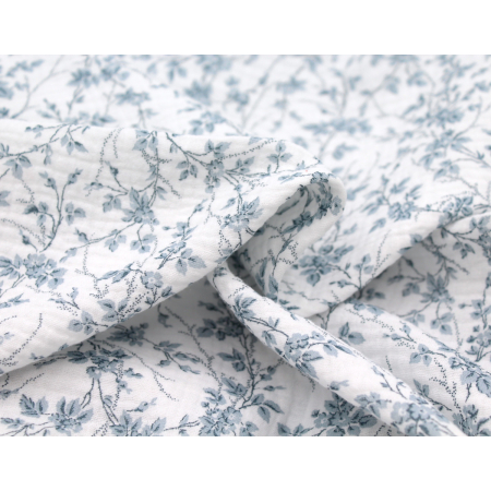 Adele - Double gaze de coton BIO motif fleuri bleu brume Adele - Double gaze de coton BIO motif fleuri bleu brume