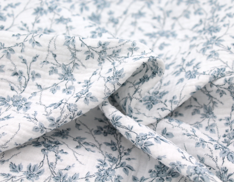 Adele - Double gaze de coton BIO motif fleuri bleu brume