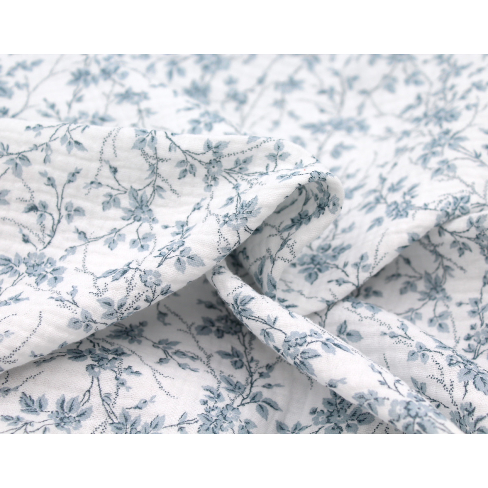 Adele - Double gaze de coton BIO motif fleuri bleu brume