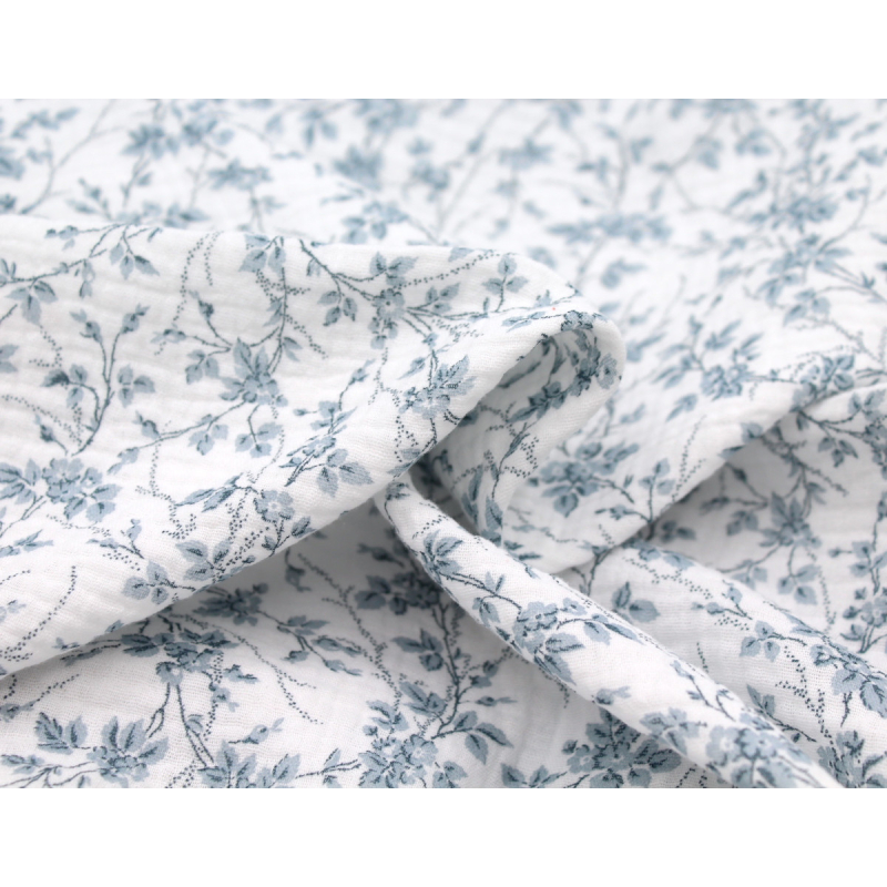 Adele - Double gaze de coton BIO motif fleuri bleu brume