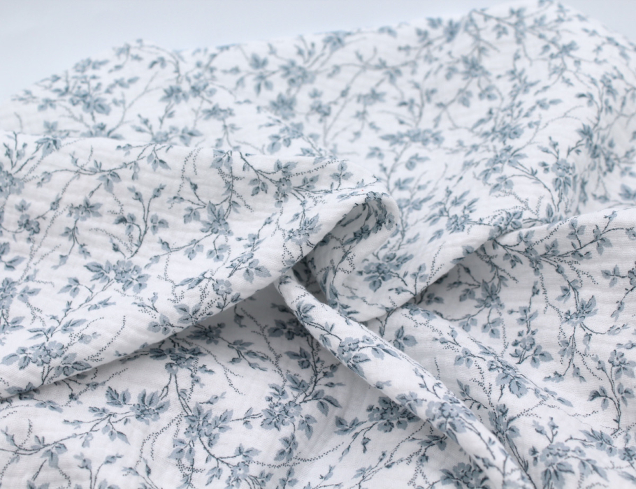 Adele - Double gaze de coton BIO motif fleuri bleu brume