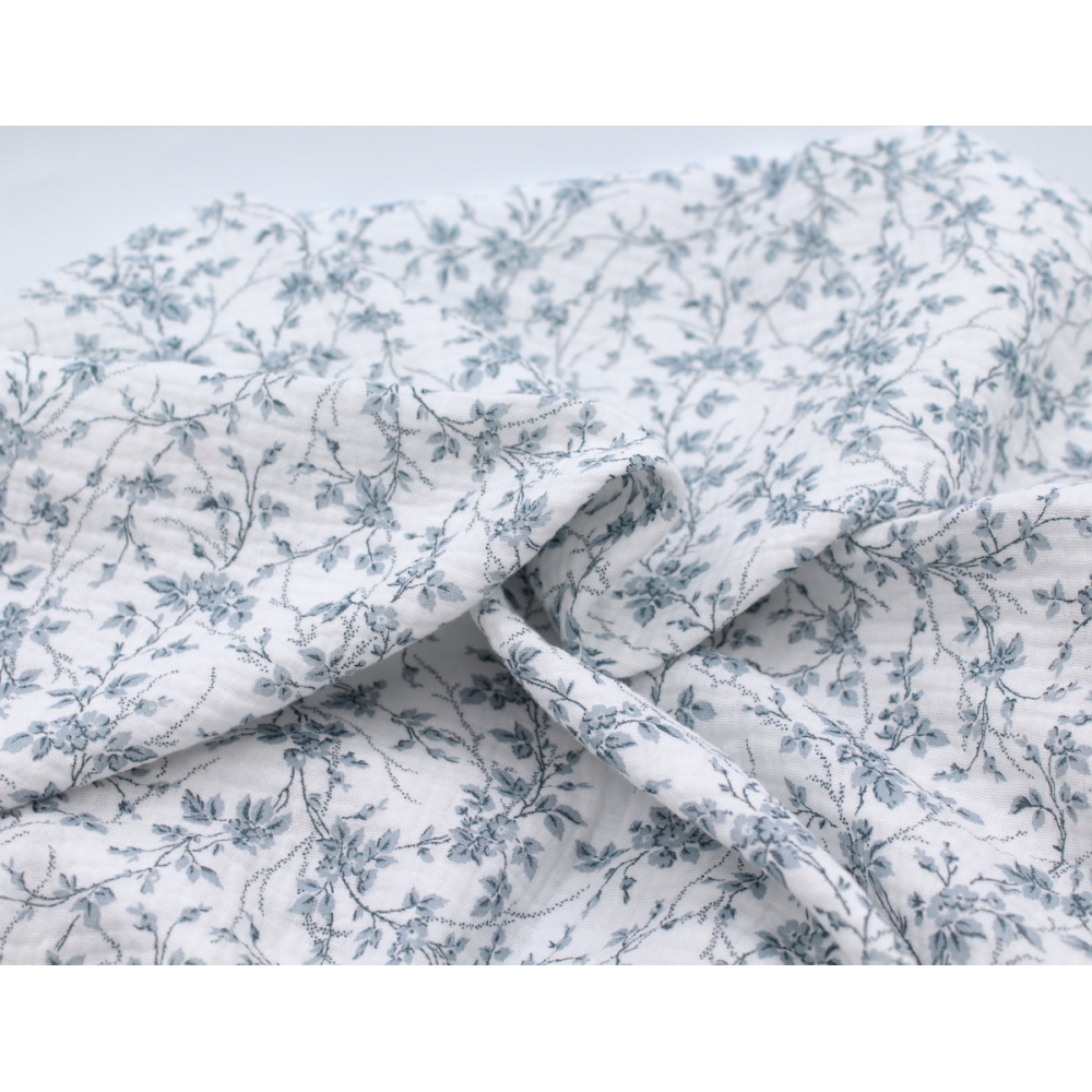 Adele - Double gaze de coton BIO motif fleuri bleu brume