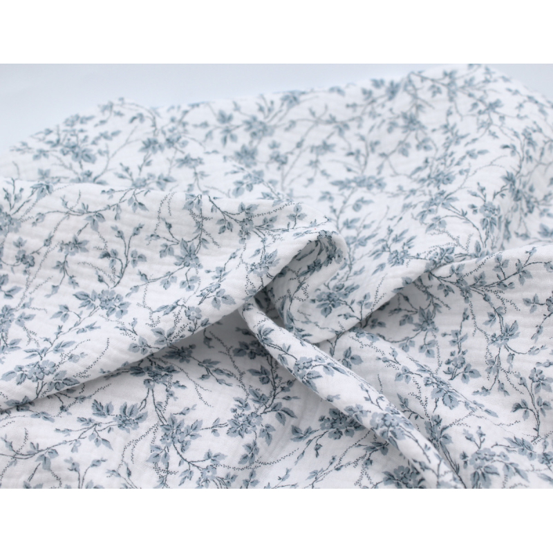Adele - Double gaze de coton BIO motif fleuri bleu brume