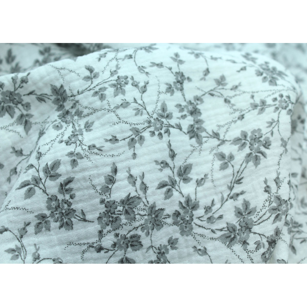 Adele - Double gaze de coton BIO motif fleuri gris Adele - Double gaze de coton BIO motif fleuri gris