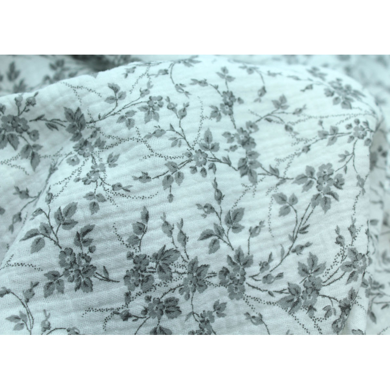 Adele - Double gaze de coton BIO motif fleuri gris Adele - Double gaze de coton BIO motif fleuri gris