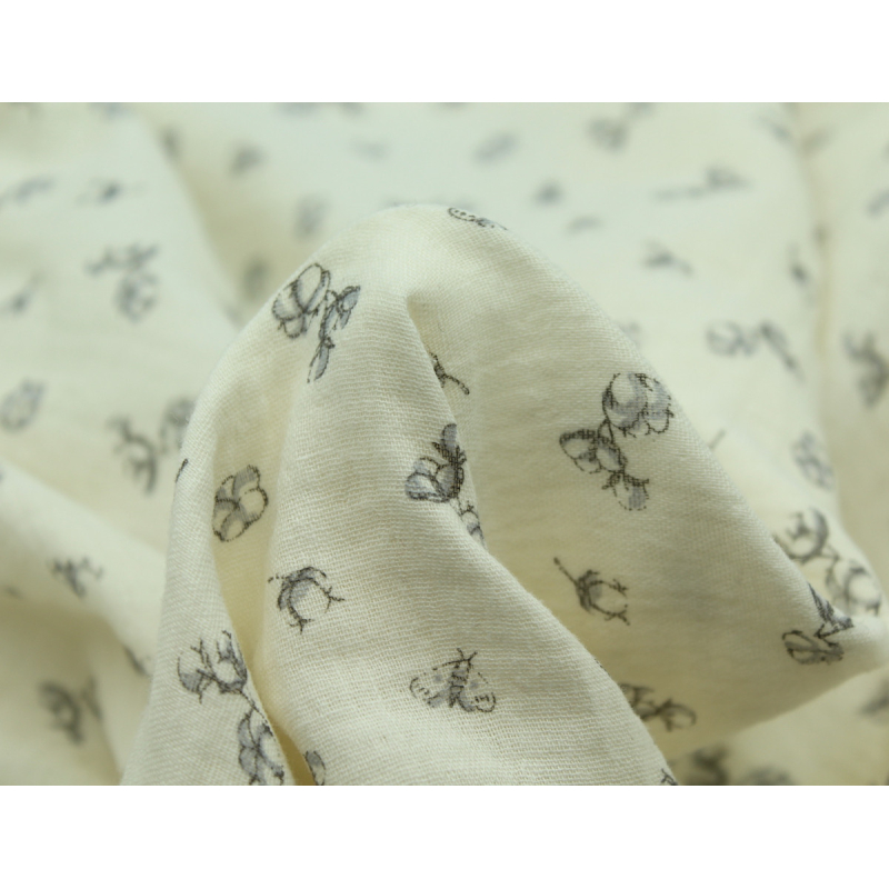 Double gaze de coton écru à motifs fleurs de coton