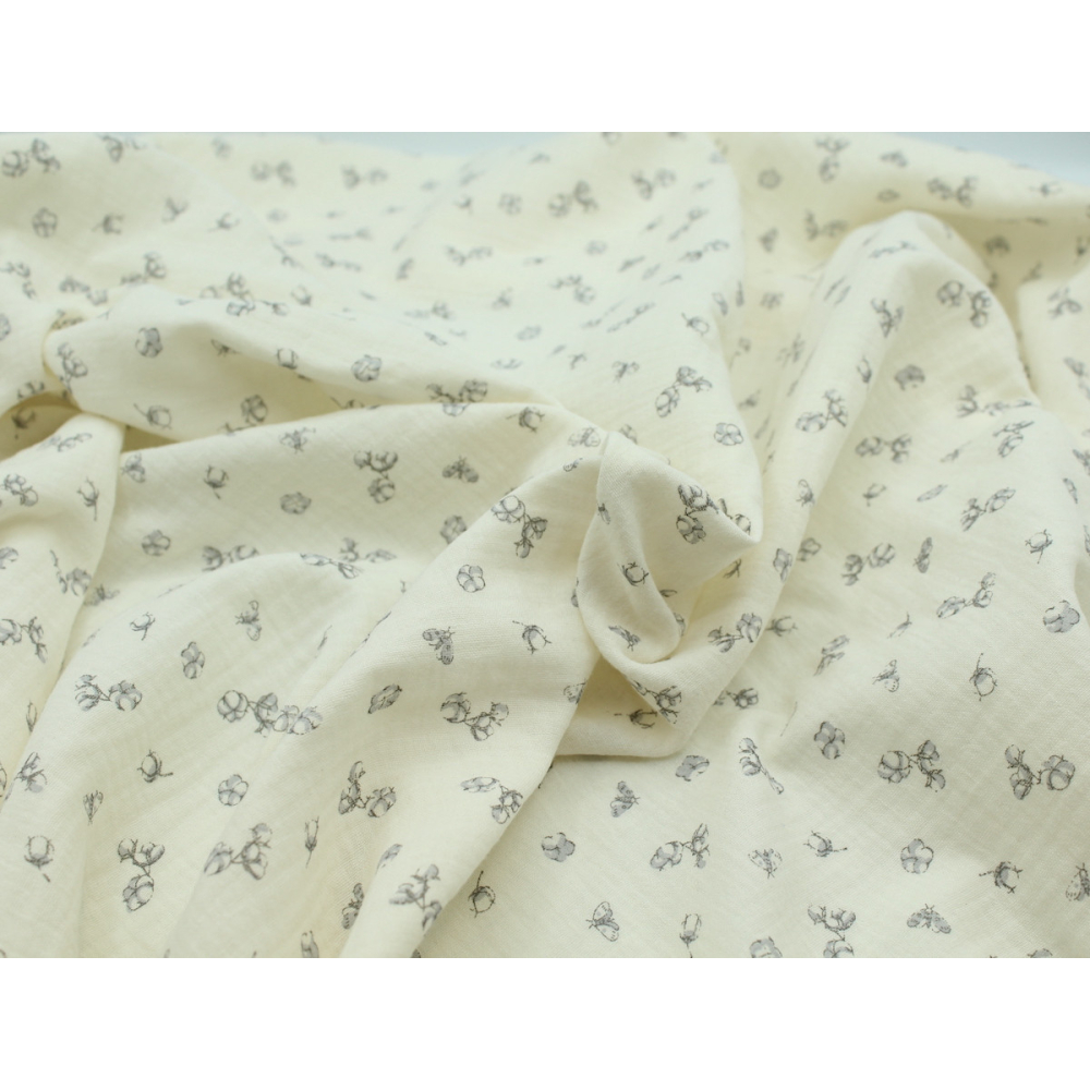 Double gaze de coton écru à motifs fleurs de coton