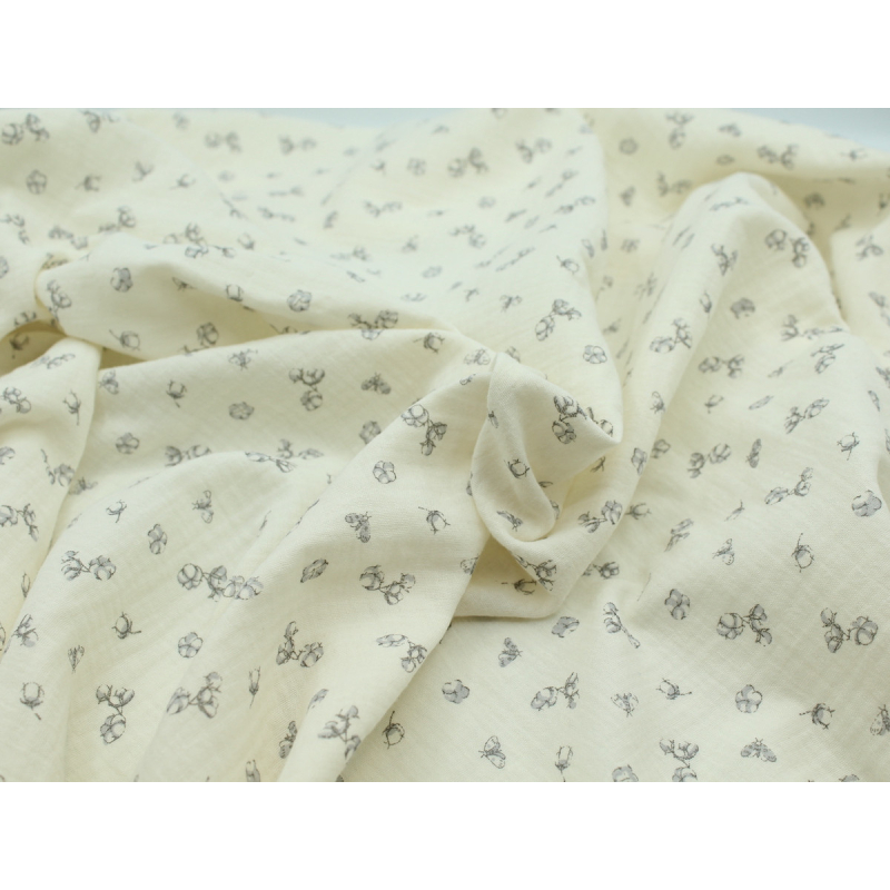 Double gaze de coton écru à motifs fleurs de coton