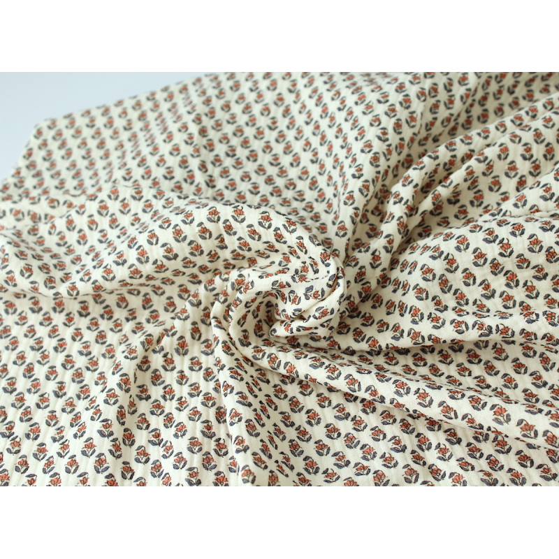 Aria - Double gaze de coton écru à motifs petites fleurs façon hand block
