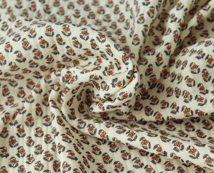 Aria - Double gaze de coton écru à motifs petites fleurs façon hand block