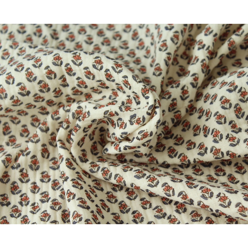 Aria - Double gaze de coton écru à motifs petites fleurs façon hand block