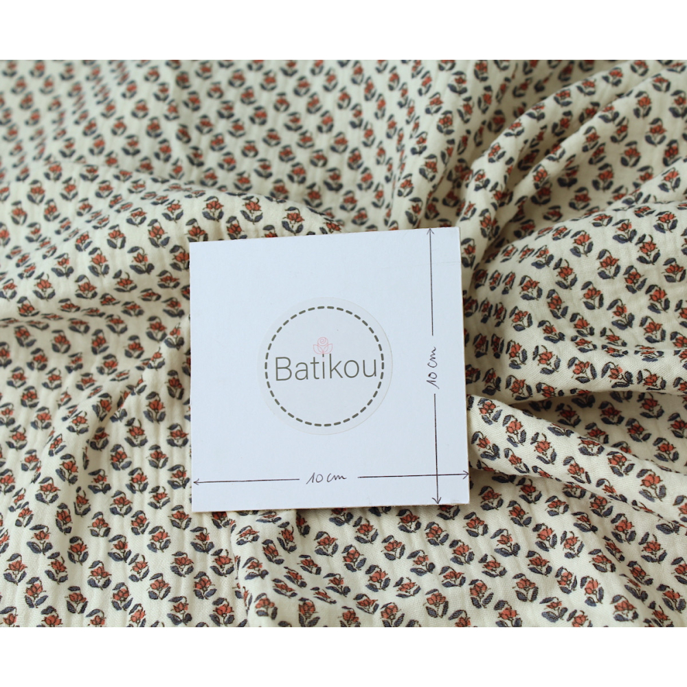 Aria - Double gaze de coton écru à motifs petites fleurs façon hand block