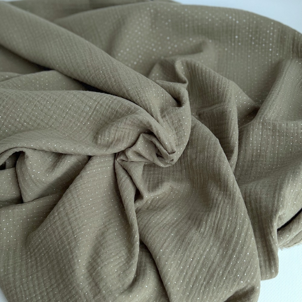 Double gaze de coton BIO Kaki à paillettes Tissus issus de l'agriculture biologique  - 1