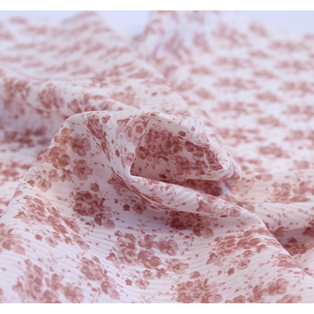 Voile de coton organique rayé imprimé fleuri vieux rose