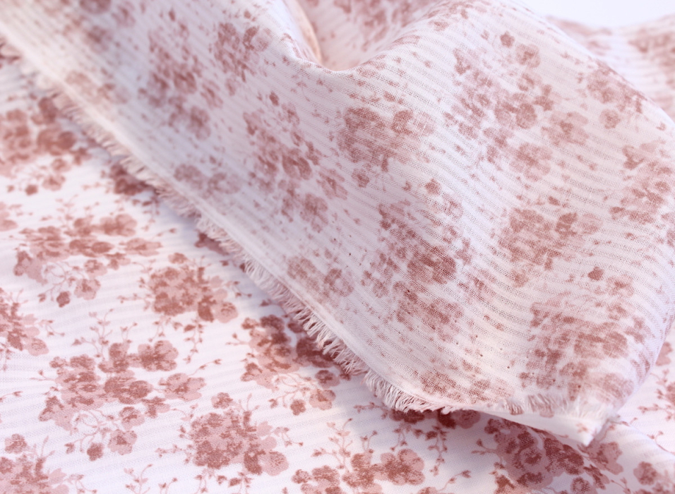 Voile de coton organique rayé imprimé fleuri vieux rose