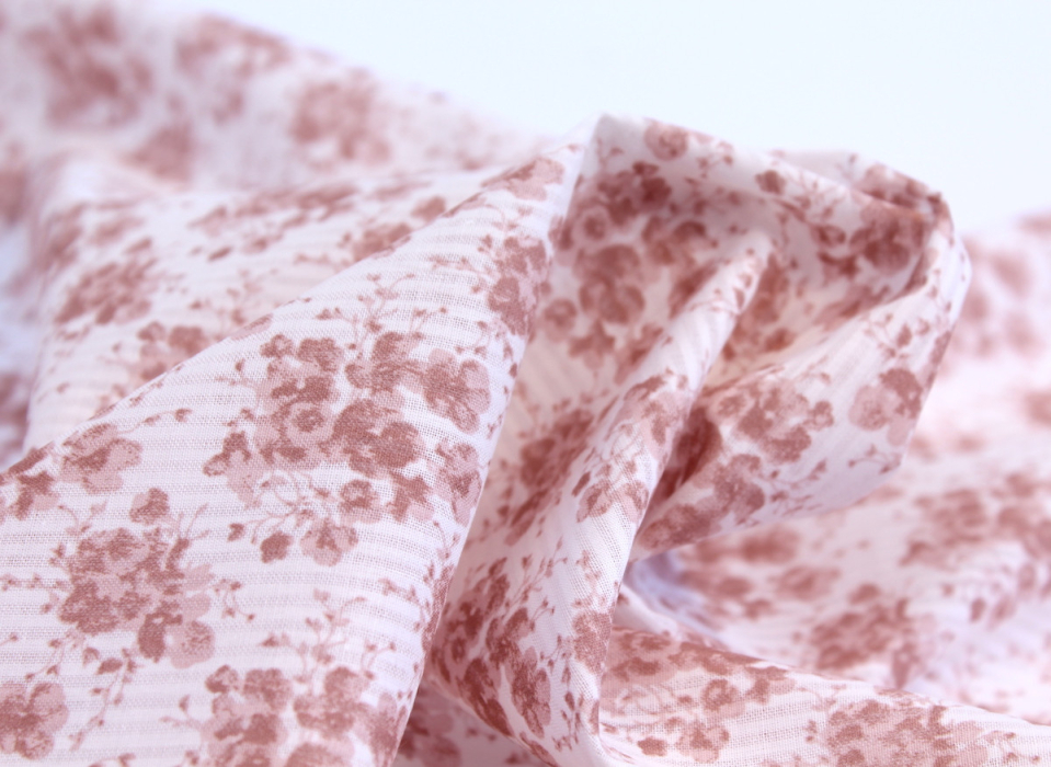 Voile de coton organique rayé imprimé fleuri vieux rose