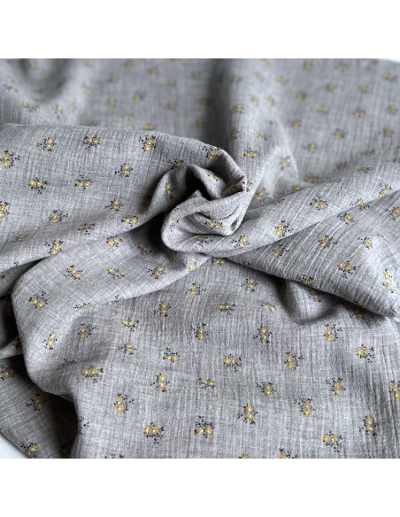 IDA - Double gaze de coton BIO chiné coloris gris fleuri Tissus issus de l'agriculture biologique  - 1