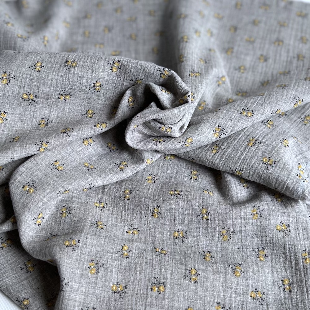 IDA - Double gaze de coton BIO chiné coloris gris fleuri Tissus issus de l'agriculture biologique  - 1
