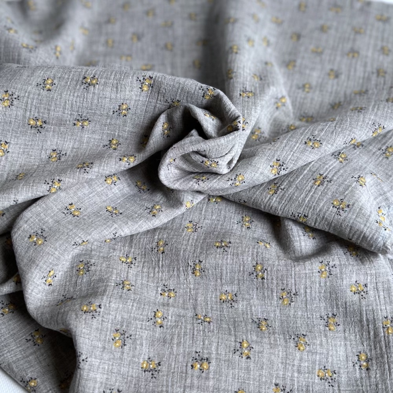 IDA - Double gaze de coton BIO chiné coloris gris fleuri Tissus issus de l'agriculture biologique  - 1