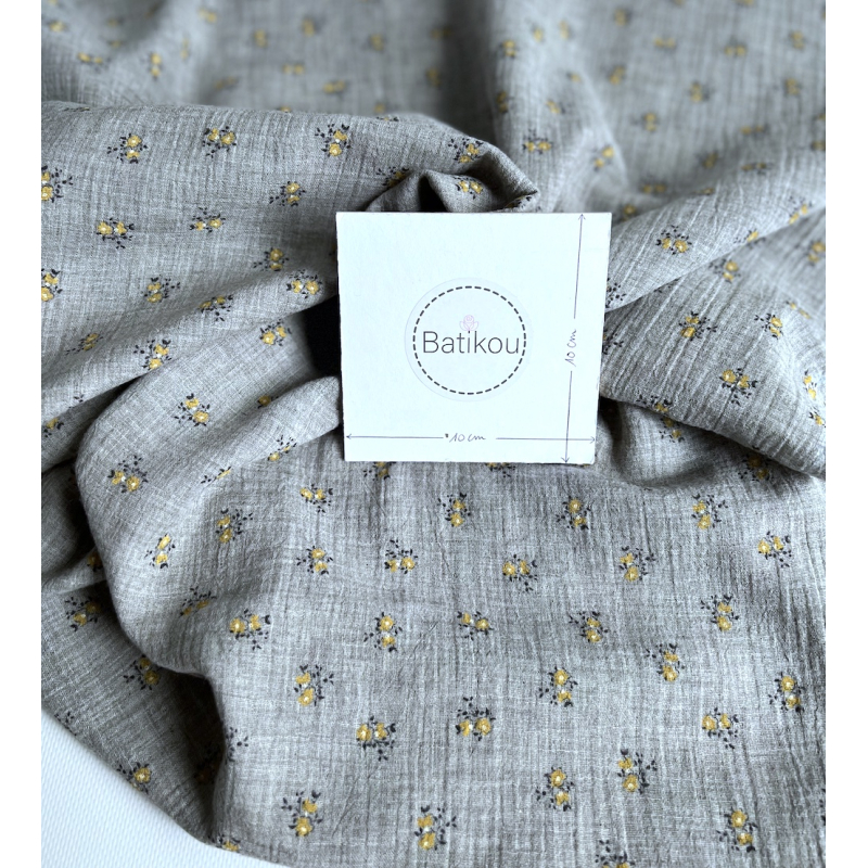 IDA - Double gaze de coton BIO chiné coloris gris fleuri Tissus issus de l'agriculture biologique  - 4