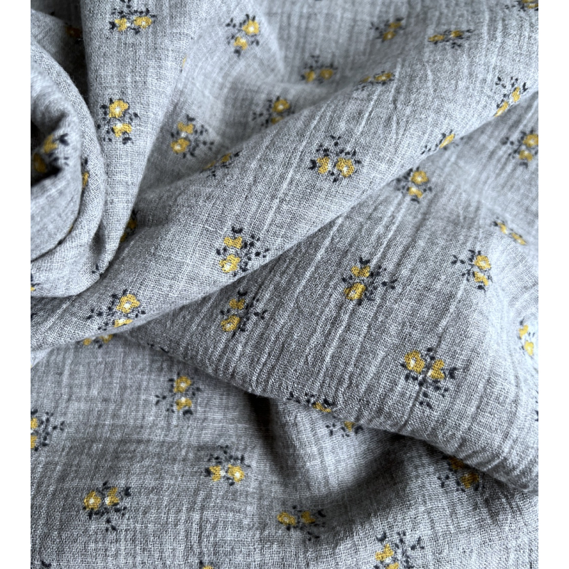IDA - Double gaze de coton BIO chiné coloris gris fleuri Tissus issus de l'agriculture biologique  - 5