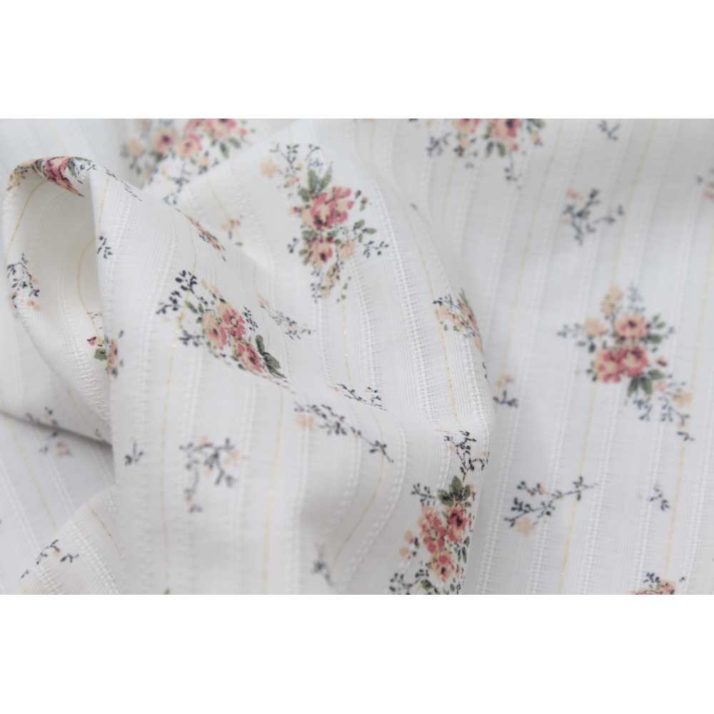 Tissu coton texturé / jacquard fleuri rose nude et lurex Tissus issus de l'agriculture biologique  - 2