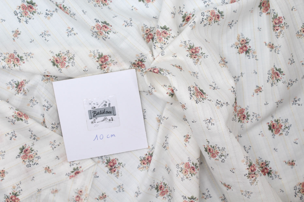 Tissu coton texturé / jacquard fleuri rose nude et lurex Tissus issus de l'agriculture biologique  - 4
