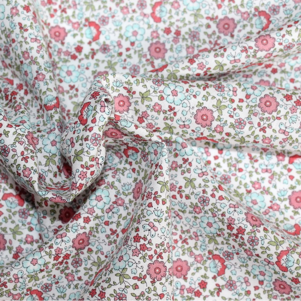 Batiste de coton SILKYNE imprimé fleuri sorbet fraise mint