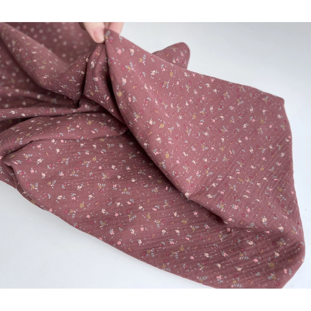 Double gaze de coton BIO lie de vin motifs fleuri Tissus issus de l'agriculture biologique  - 3