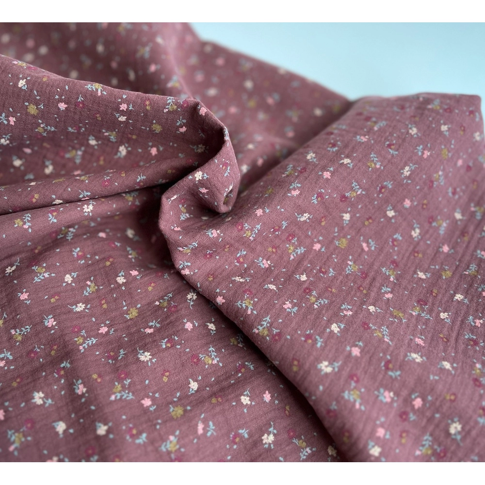 Double gaze de coton BIO lie de vin motifs fleuri Tissus issus de l'agriculture biologique  - 4