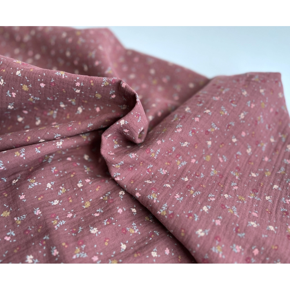 Double gaze de coton BIO lie de vin motifs fleuri Tissus issus de l'agriculture biologique  - 5