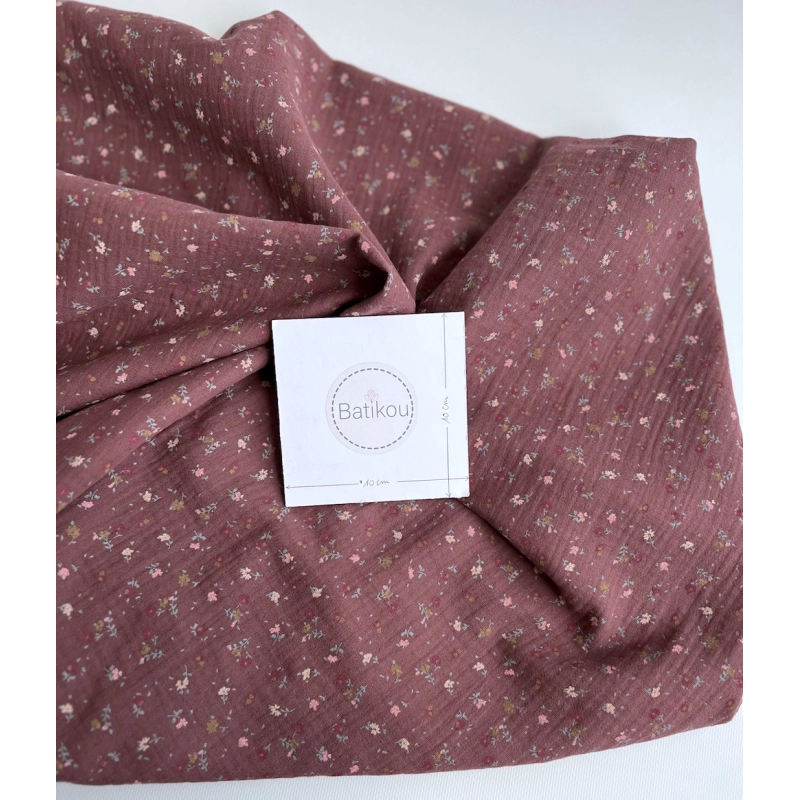 Double gaze de coton BIO lie de vin motifs fleuri Tissus issus de l'agriculture biologique  - 6