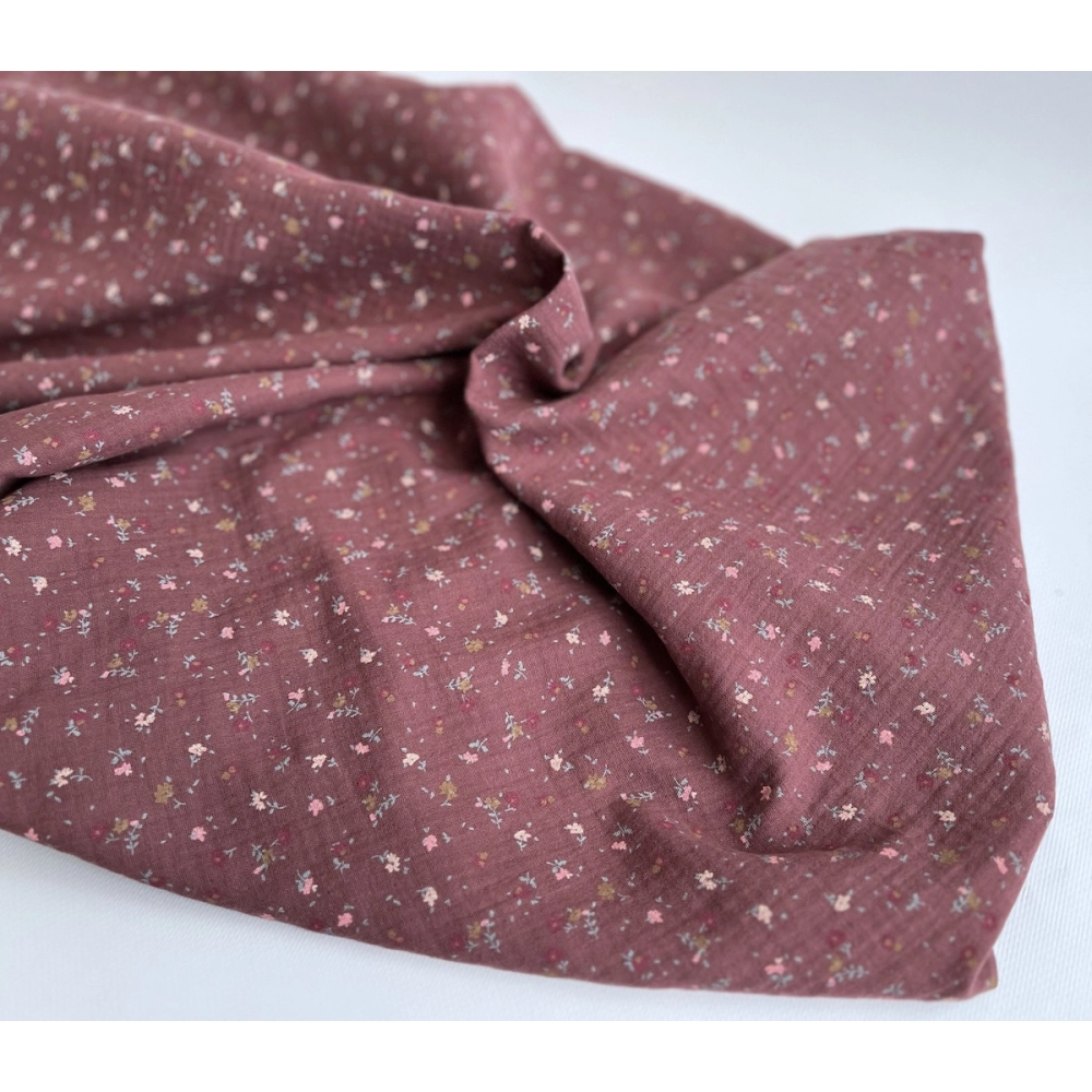 Double gaze de coton BIO lie de vin motifs fleuri Tissus issus de l'agriculture biologique  - 8